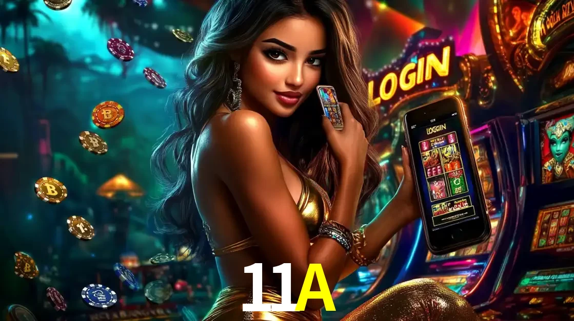 Mulher em um cenário de cassino temático de aventura, mostrando o app de caça-níqueis da 11A no celular. Fichas de apostas flutuam ao redor.