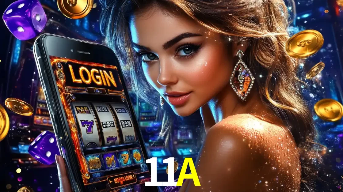 Mulher glamorosa segurando um smartphone com a tela de login para os jogos de caça-níqueis do cassino online 11A, com moedas de ouro e dados ao redor.